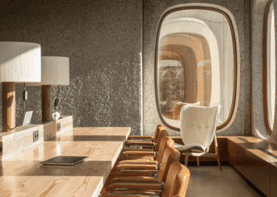 Spazio di lavoro in aereoporto con sedie e finestra panoramica, ambiente luminoso e accogliente per.